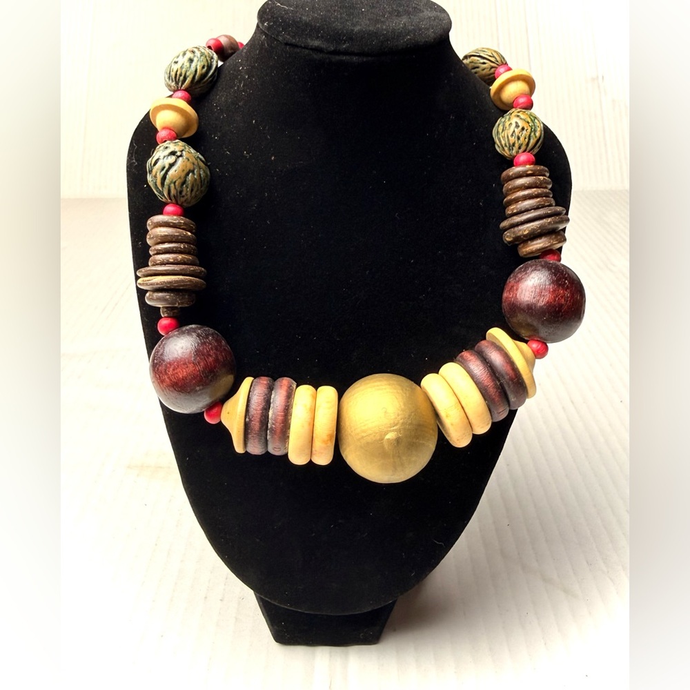 Vintage Chunky Statement Natural Wood Nut Beaded Necklace 80s Boho Ethnic Tribal